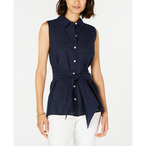 Tommy Hilfiger Blue Front Waist Tie Button Sleeveless Shirt Size S/P NWT